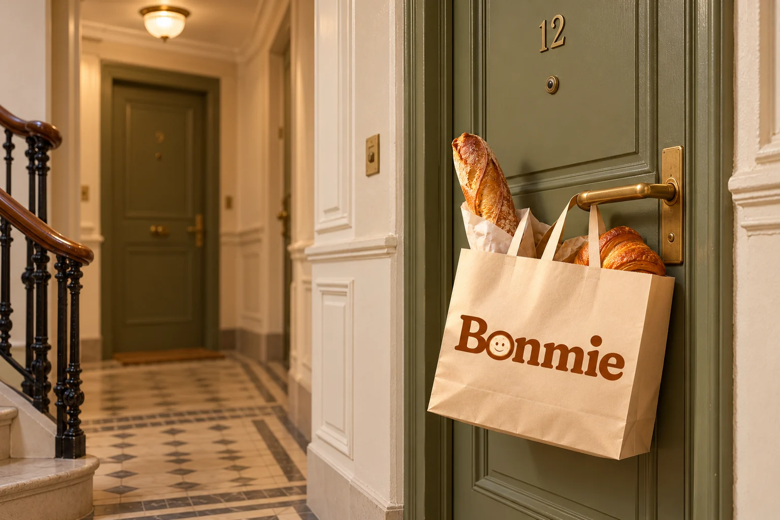 Un sac kraft Bonmie avec une baguette et un croissant, accroché à la poignée d'une porte d'appartement dans un immeuble parisien